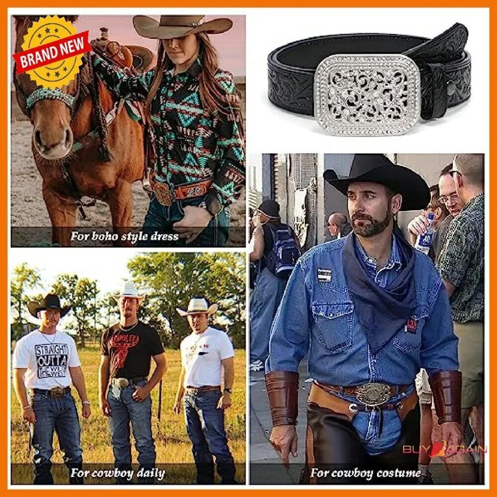 Genuine Leather Western Belt Silver Diamond Buckle Unisex Adjustable